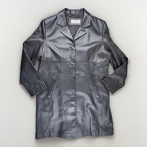 Vintage Jones Wear Sport Black Leather Button Front Long Coat L Classic 90s Y2K